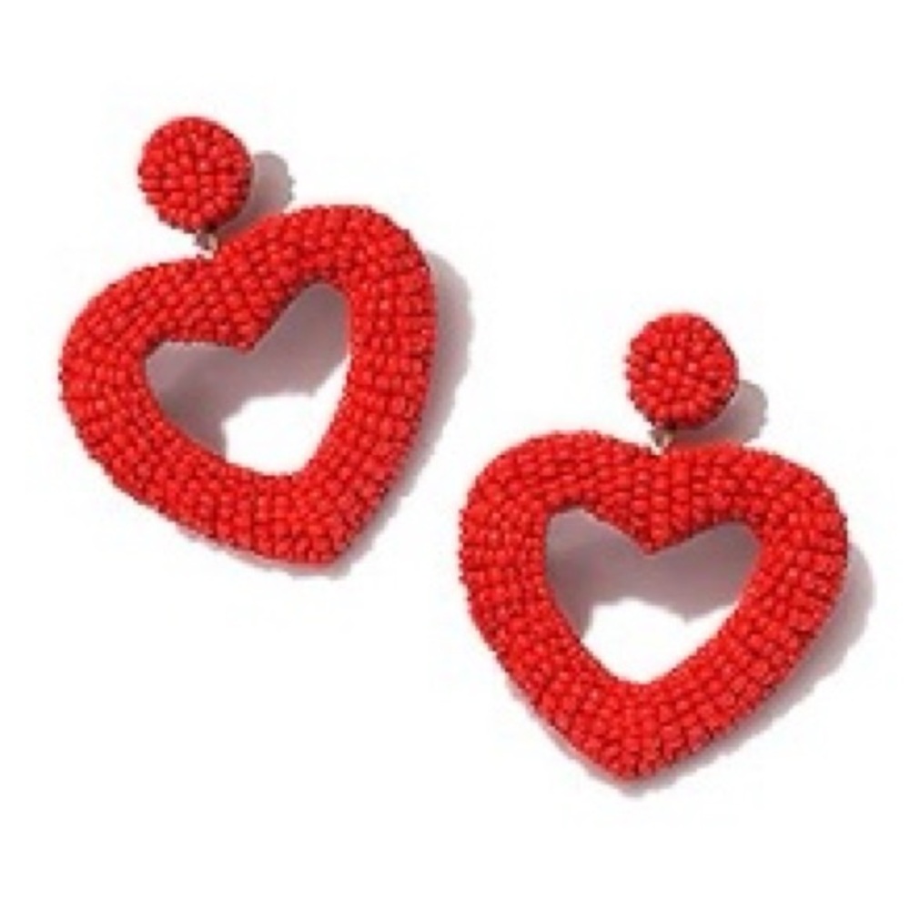 Red Beaded Heart Dangle Earrings Handmade LOVE XOXO